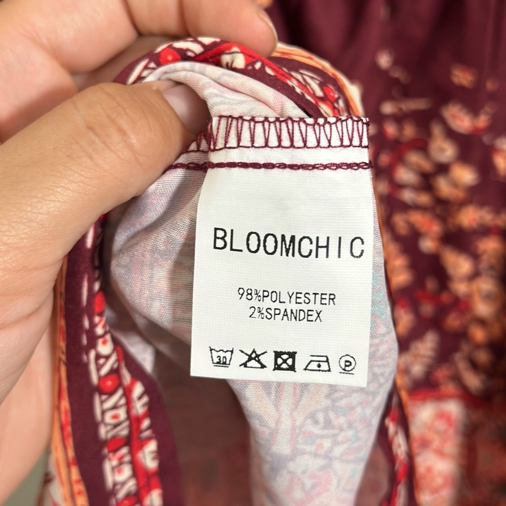 BloomChic Burgundy Boho Floral Babydoll Tunic Top Puff Sleeve Plus SZ 18-20 NWT - Picture 7 of 8